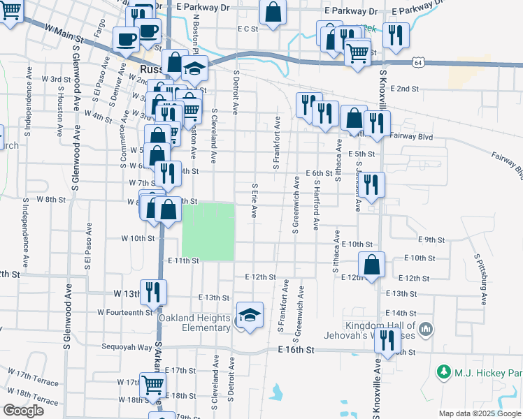 map of restaurants, bars, coffee shops, grocery stores, and more near 513 East 10th Street in Russellville
