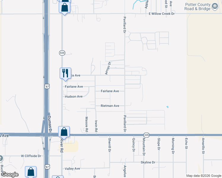 map of restaurants, bars, coffee shops, grocery stores, and more near 725 Fairlane Street in Amarillo