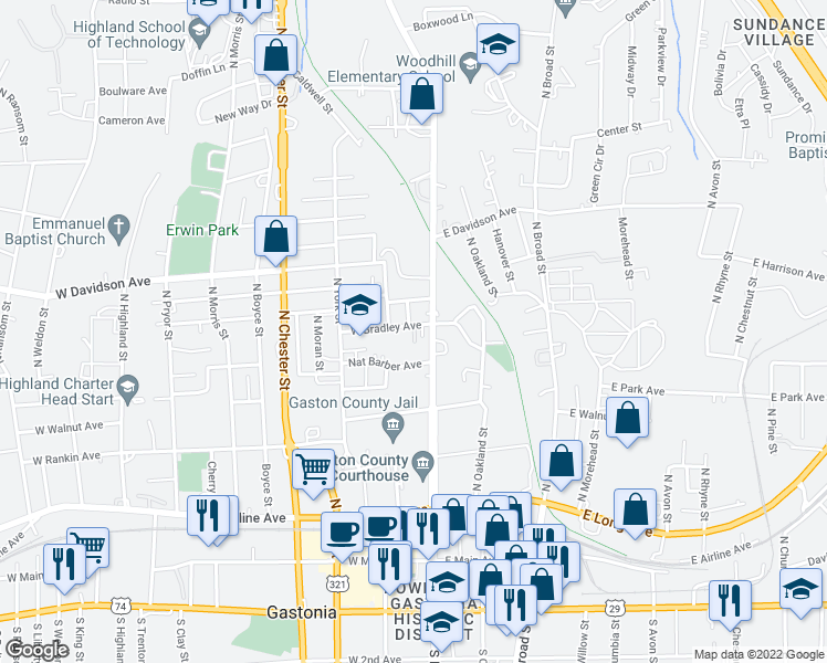 map of restaurants, bars, coffee shops, grocery stores, and more near 613 North Logan Street in Gastonia