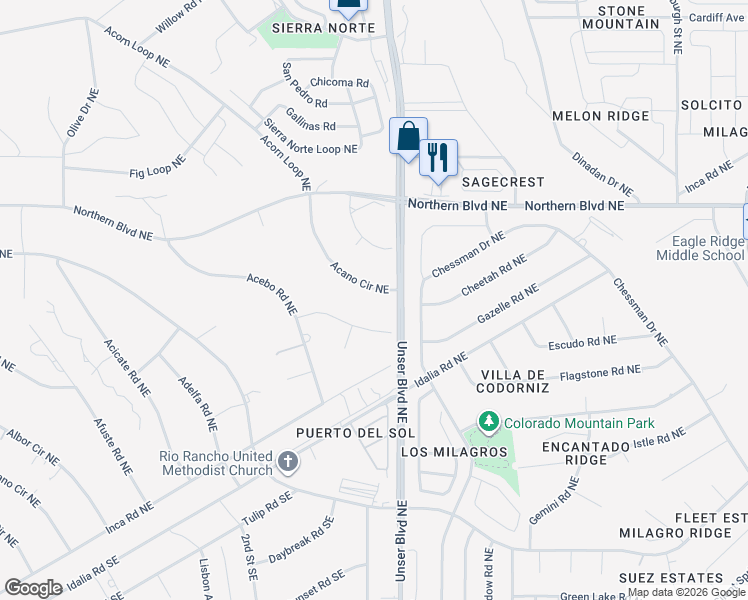 map of restaurants, bars, coffee shops, grocery stores, and more near 805 Acano Circle Northeast in Rio Rancho