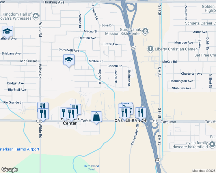 map of restaurants, bars, coffee shops, grocery stores, and more near 2401 Donnalynn Street in Bakersfield