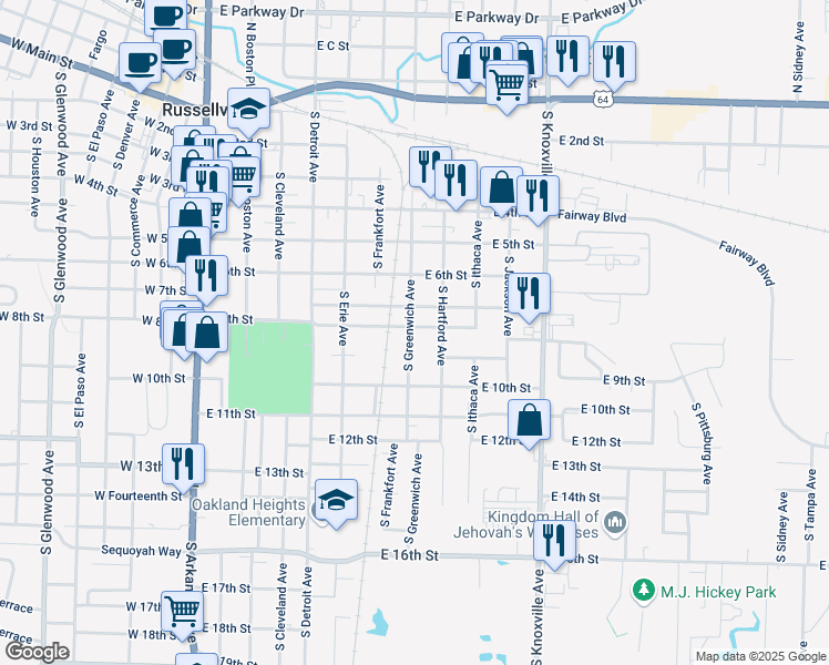 map of restaurants, bars, coffee shops, grocery stores, and more near 816 South Greenwich Avenue in Russellville