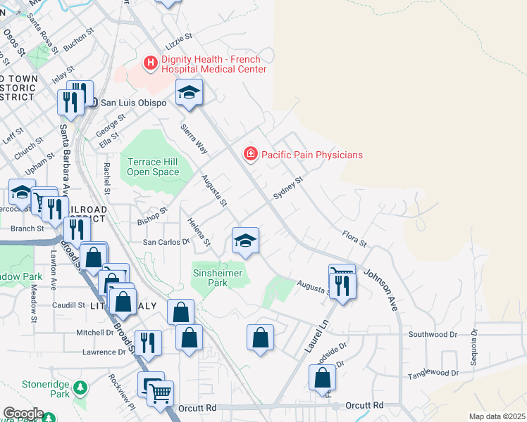 map of restaurants, bars, coffee shops, grocery stores, and more near 2565 Johnson Avenue in San Luis Obispo