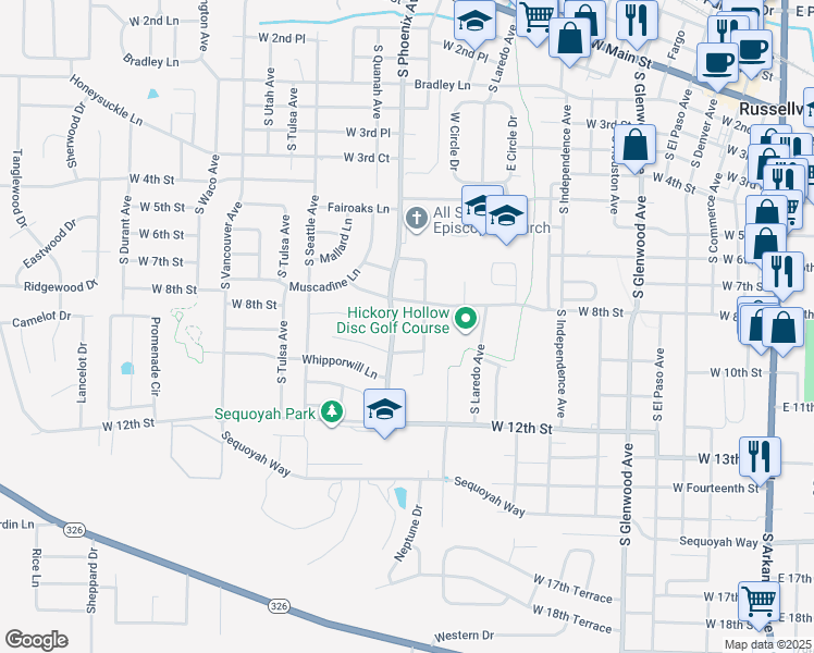 map of restaurants, bars, coffee shops, grocery stores, and more near 905 Covey Cove in Russellville