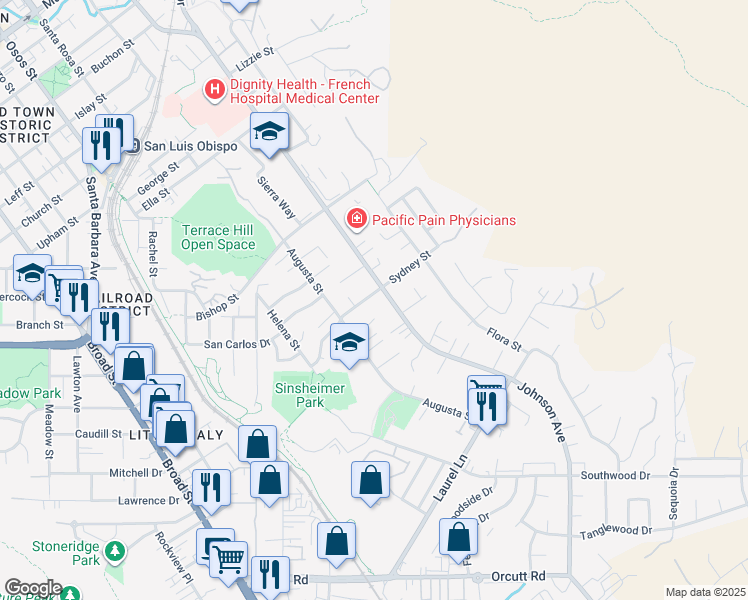 map of restaurants, bars, coffee shops, grocery stores, and more near 2565 Johnson Avenue in San Luis Obispo