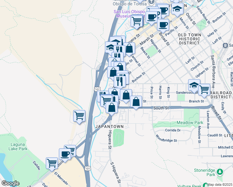 map of restaurants, bars, coffee shops, grocery stores, and more near 2146 Parker Street in San Luis Obispo