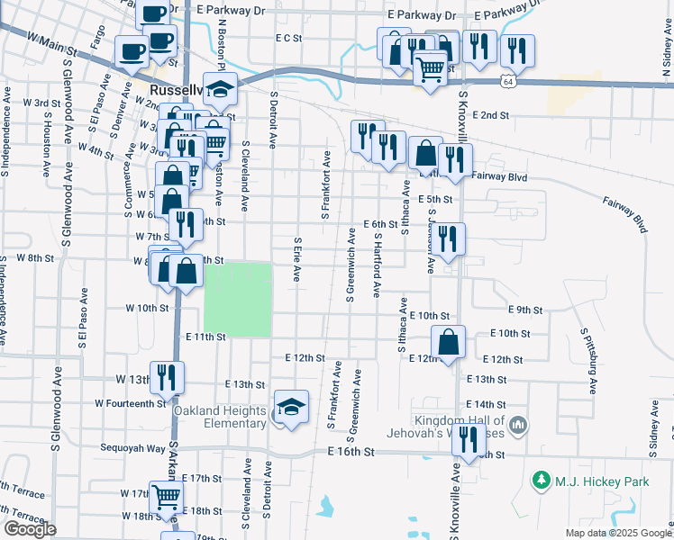 map of restaurants, bars, coffee shops, grocery stores, and more near 816 South Greenwich Avenue in Russellville