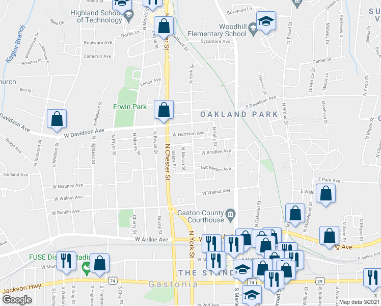 map of restaurants, bars, coffee shops, grocery stores, and more near 715 North York Street in Gastonia