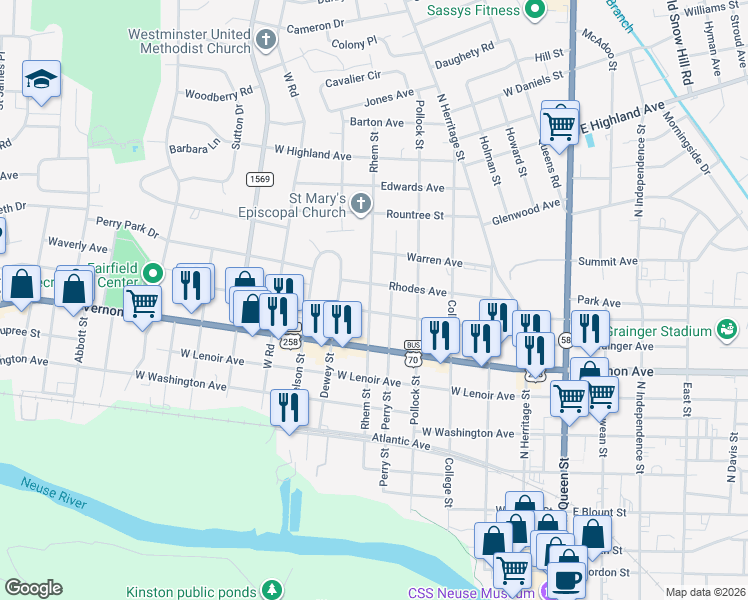 map of restaurants, bars, coffee shops, grocery stores, and more near 903 Rhem Street in Kinston