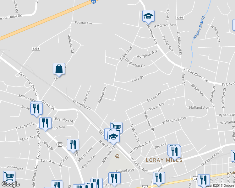 map of restaurants, bars, coffee shops, grocery stores, and more near 822 North Vine Street in Gastonia
