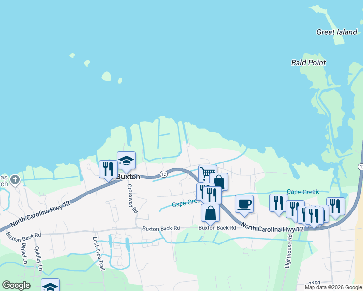map of restaurants, bars, coffee shops, grocery stores, and more near 47189 Gaskins Lane in Buxton