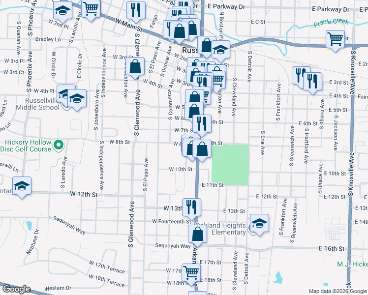 map of restaurants, bars, coffee shops, grocery stores, and more near 201 West 8th Street in Russellville