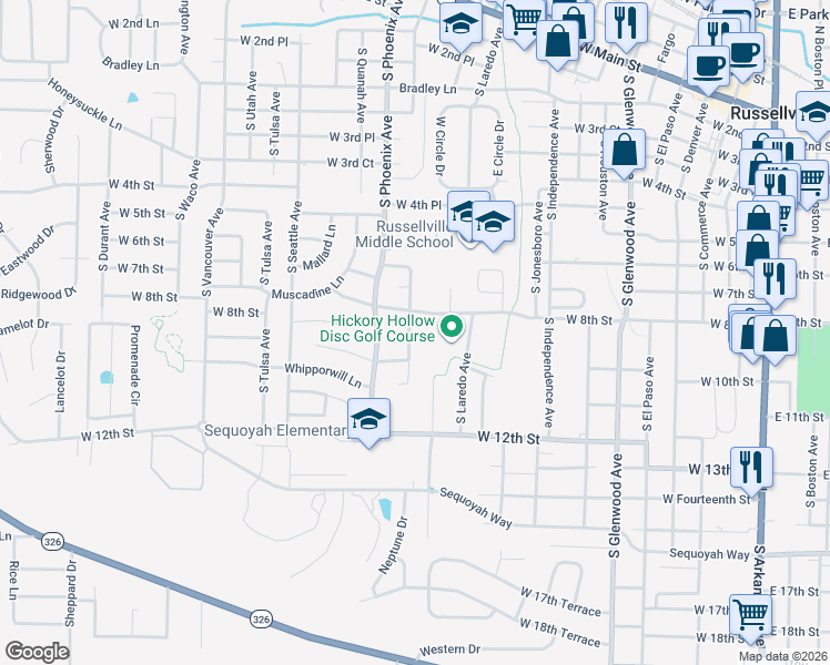 map of restaurants, bars, coffee shops, grocery stores, and more near 725 Resimont Drive in Russellville