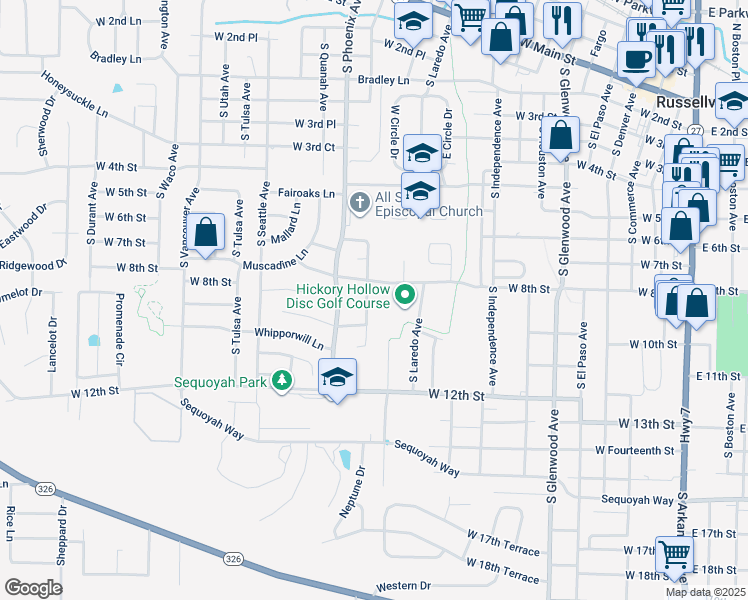 map of restaurants, bars, coffee shops, grocery stores, and more near 725 Resimont Drive in Russellville