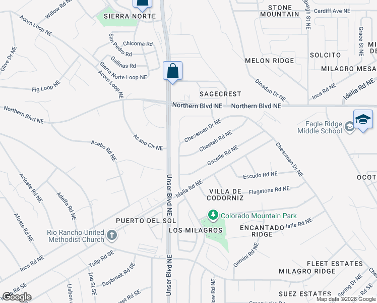 map of restaurants, bars, coffee shops, grocery stores, and more near 1420 Barbara Loop Southeast in Rio Rancho