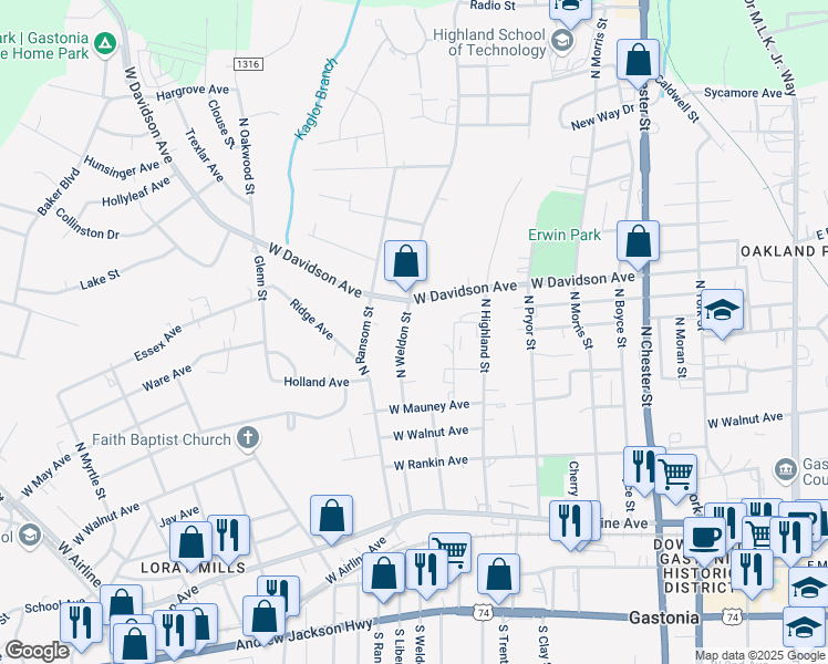 map of restaurants, bars, coffee shops, grocery stores, and more near 706 North Weldon Street in Gastonia