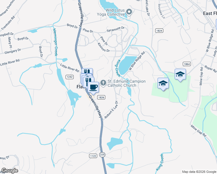 map of restaurants, bars, coffee shops, grocery stores, and more near 1210 West Blue Ridge Road in Flat Rock