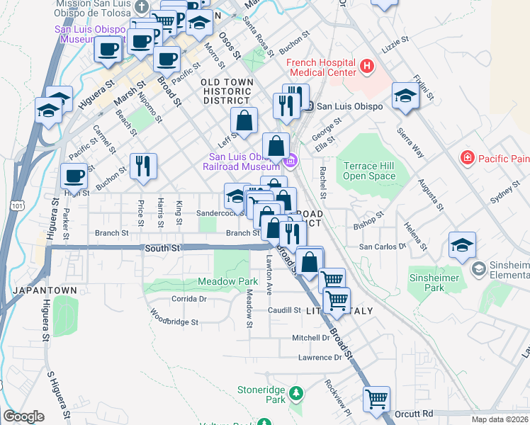 map of restaurants, bars, coffee shops, grocery stores, and more near 2060 Chorro Street in San Luis Obispo