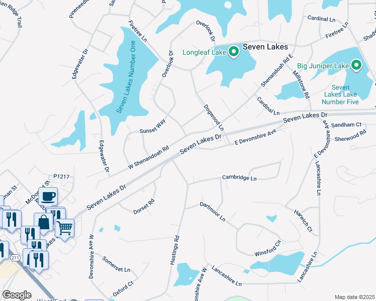 map of restaurants, bars, coffee shops, grocery stores, and more near 118 Devonshire Avenue West in Seven Lakes