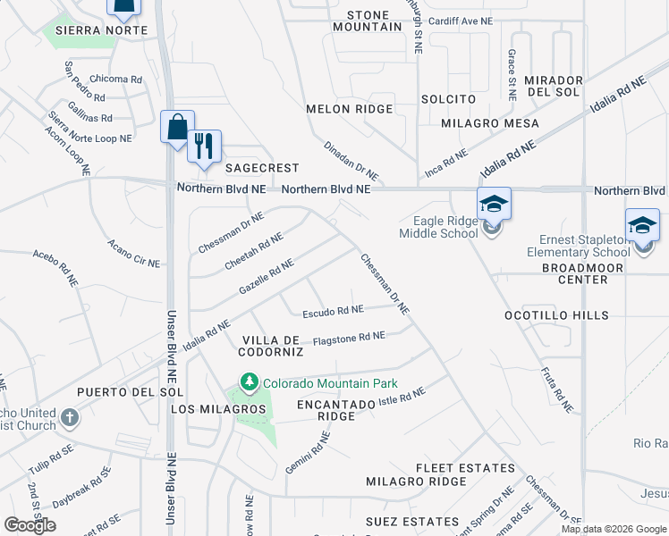 map of restaurants, bars, coffee shops, grocery stores, and more near 714 Bulb Court Northeast in Rio Rancho
