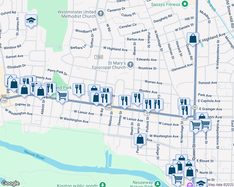 map of restaurants, bars, coffee shops, grocery stores, and more near 815 Nelson Street in Kinston