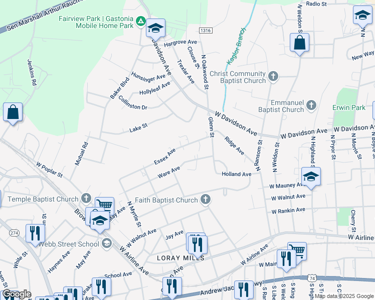 map of restaurants, bars, coffee shops, grocery stores, and more near 1301 Essex Avenue in Gastonia