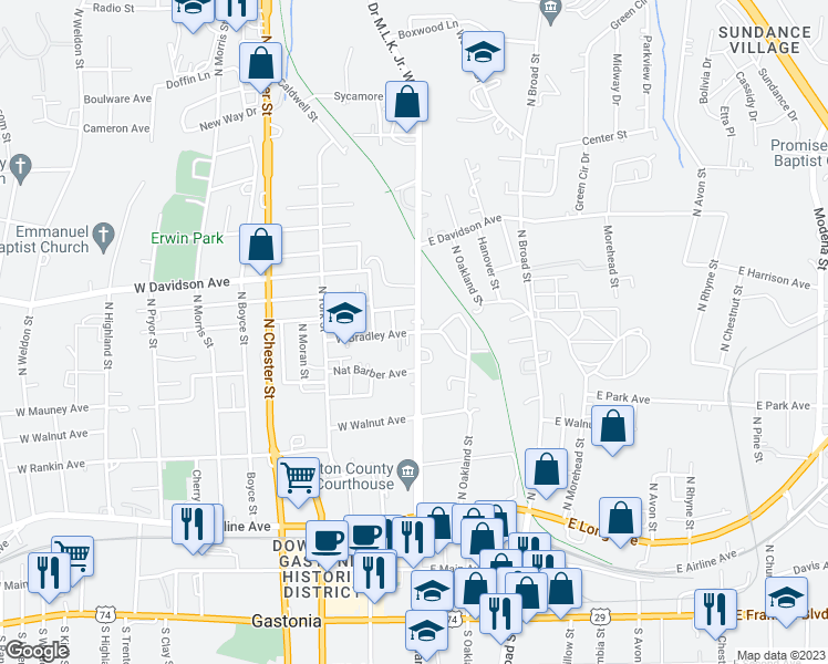 map of restaurants, bars, coffee shops, grocery stores, and more near 102 West Bradley Avenue in Gastonia