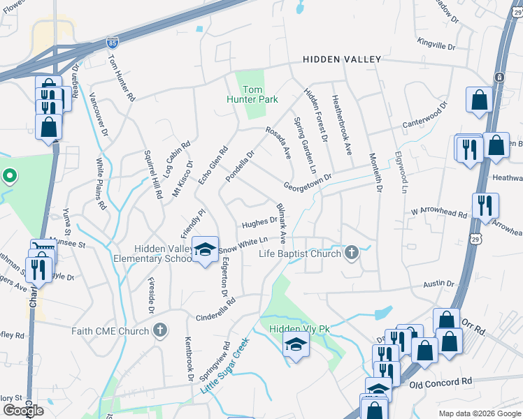 map of restaurants, bars, coffee shops, grocery stores, and more near 5401 Hughes Drive in Charlotte