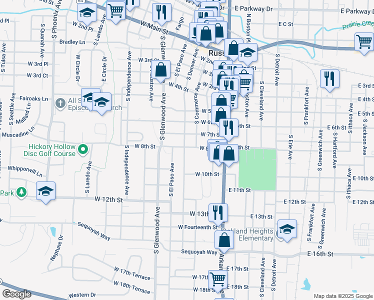 map of restaurants, bars, coffee shops, grocery stores, and more near 814 South Denver Avenue in Russellville