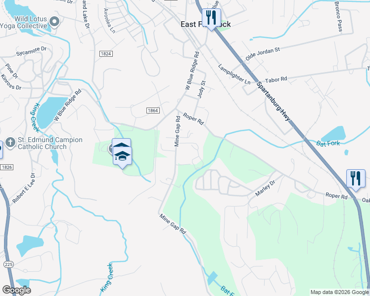 map of restaurants, bars, coffee shops, grocery stores, and more near 216 Mine Gap Road in East Flat Rock