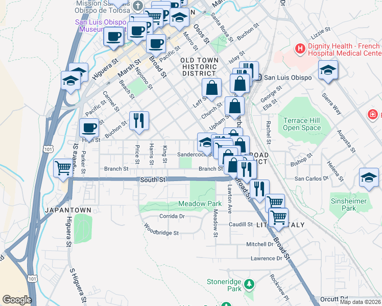 map of restaurants, bars, coffee shops, grocery stores, and more near 2089 Ward Street in San Luis Obispo