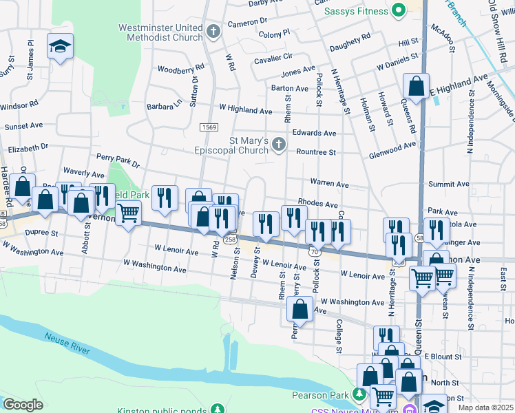 map of restaurants, bars, coffee shops, grocery stores, and more near 902 Dewey Street in Kinston