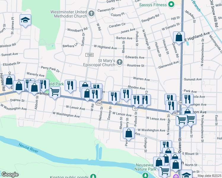 map of restaurants, bars, coffee shops, grocery stores, and more near 902 Dewey Street in Kinston