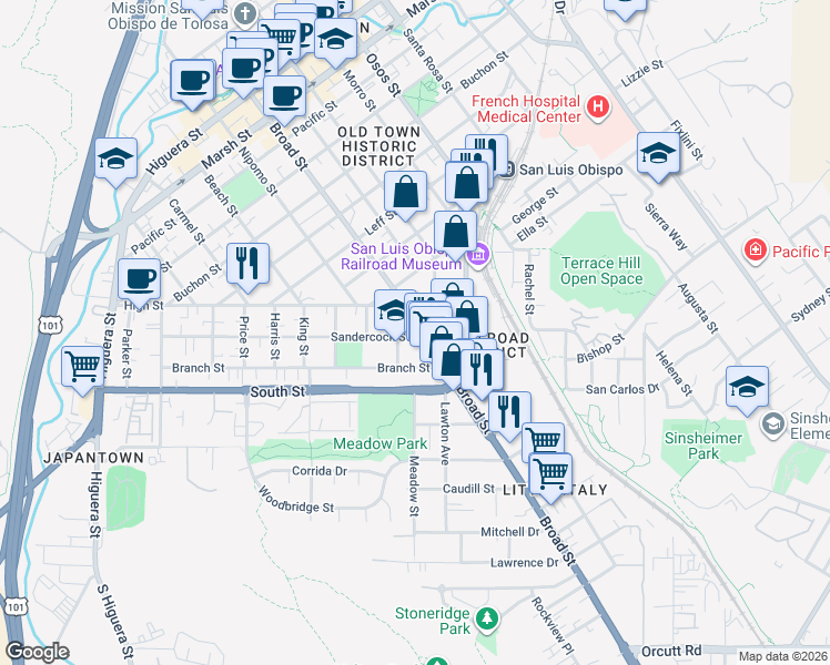 map of restaurants, bars, coffee shops, grocery stores, and more near 2021 Broad Street in San Luis Obispo