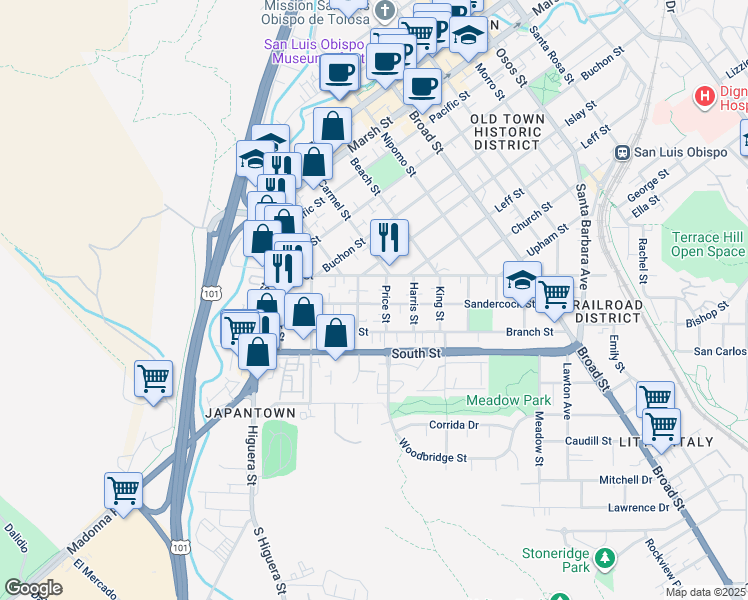 map of restaurants, bars, coffee shops, grocery stores, and more near 314 Sandercock Street in San Luis Obispo