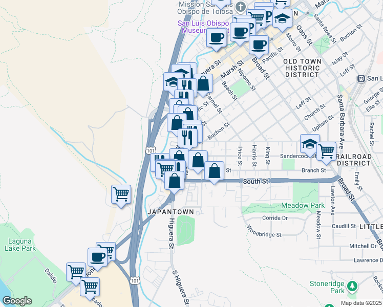 map of restaurants, bars, coffee shops, grocery stores, and more near 2146 Parker Street in San Luis Obispo