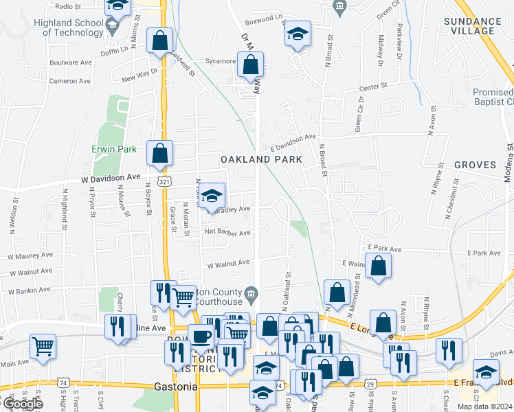 map of restaurants, bars, coffee shops, grocery stores, and more near 702 Doctor Martin Luther King Jr. Way in Gastonia