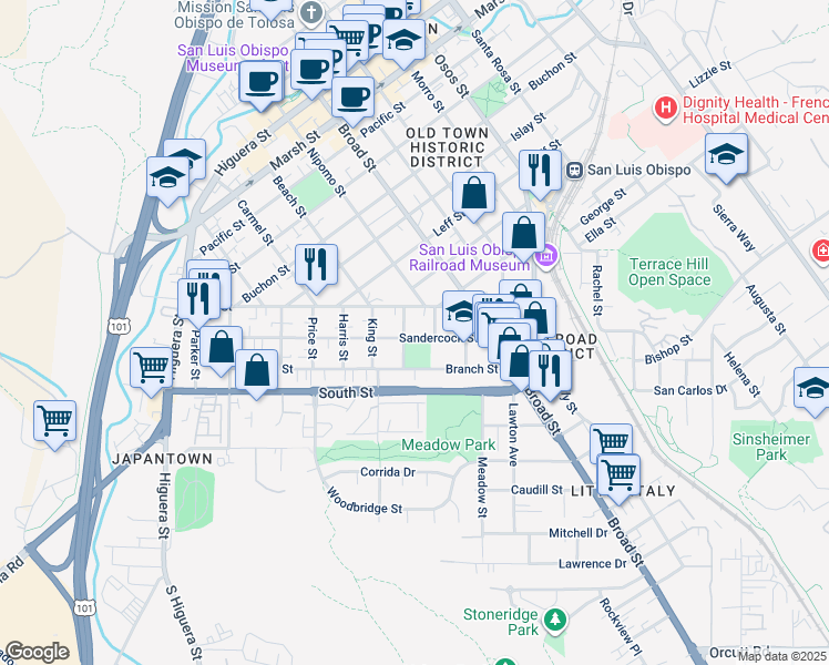 map of restaurants, bars, coffee shops, grocery stores, and more near 510 Sandercock Street in San Luis Obispo
