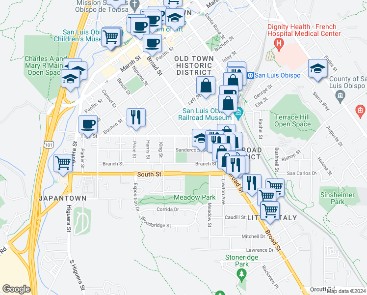 map of restaurants, bars, coffee shops, grocery stores, and more near 518 Sandercock Street in San Luis Obispo