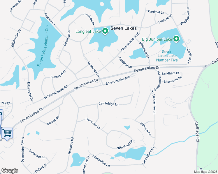 map of restaurants, bars, coffee shops, grocery stores, and more near Devonshire Avenue West in Seven Lakes