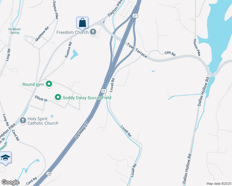 map of restaurants, bars, coffee shops, grocery stores, and more near 11002 Lovell Road in Soddy-Daisy