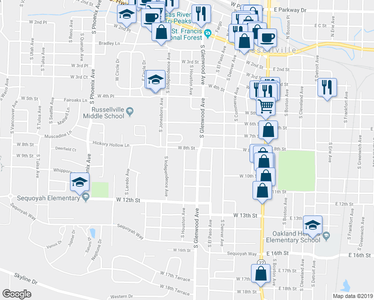 map of restaurants, bars, coffee shops, grocery stores, and more near 801 South Houston Avenue in Russellville