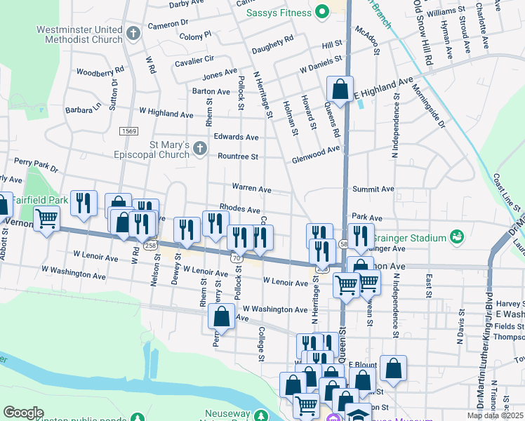 map of restaurants, bars, coffee shops, grocery stores, and more near 908 College Street in Kinston
