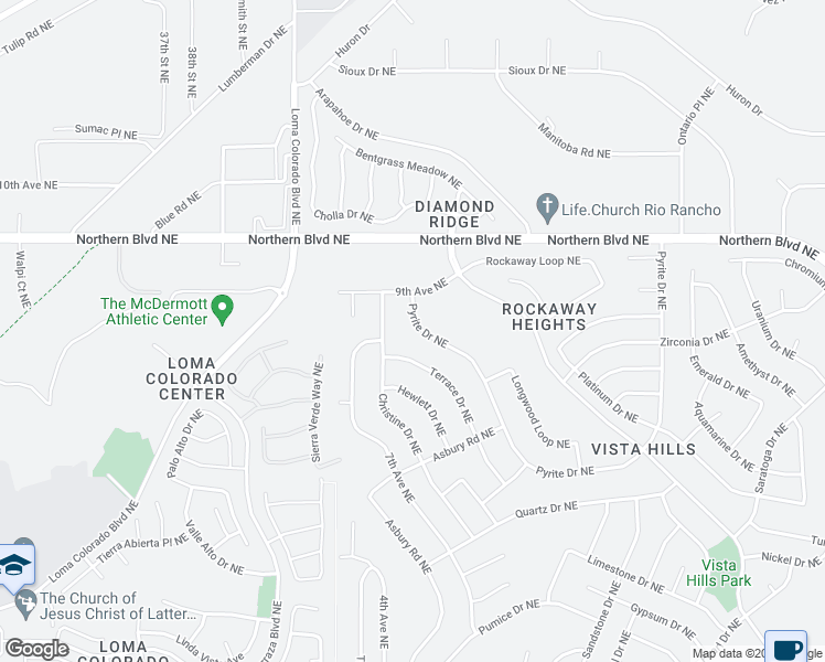 map of restaurants, bars, coffee shops, grocery stores, and more near 352 Pyrite Drive Northeast in Rio Rancho