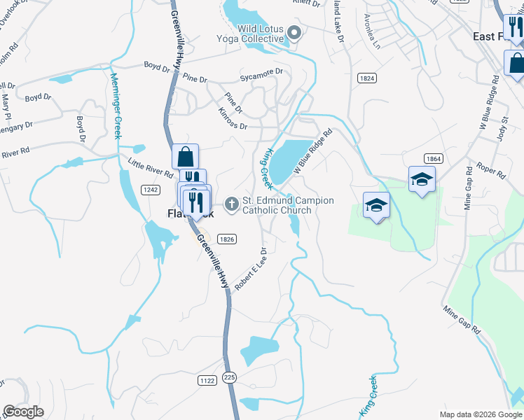 map of restaurants, bars, coffee shops, grocery stores, and more near 64 Robert E Lee Drive in Flat Rock