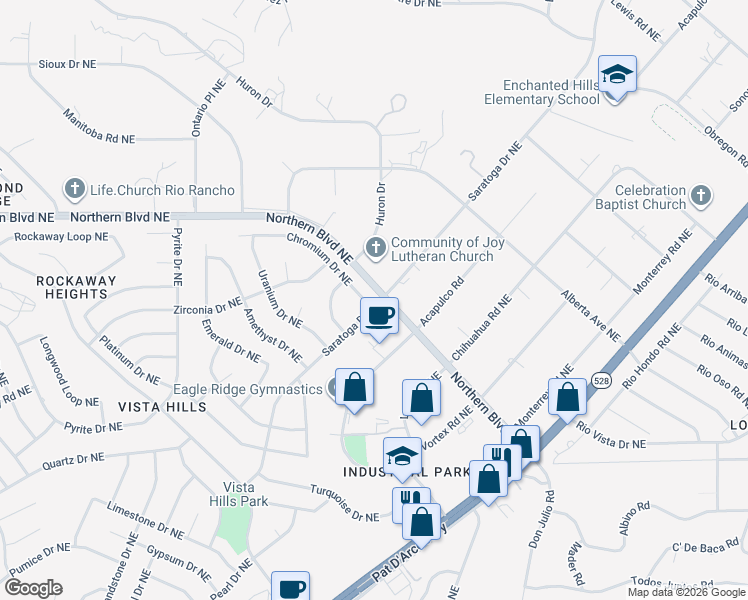 map of restaurants, bars, coffee shops, grocery stores, and more near 765 Saratoga Drive Northeast in Rio Rancho