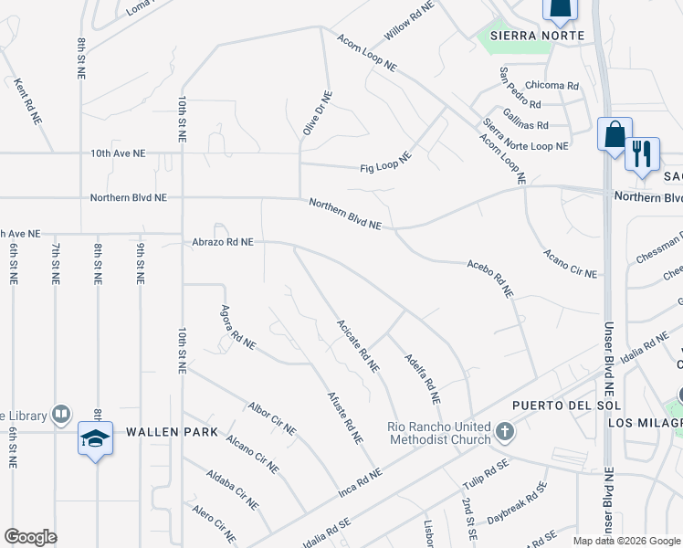map of restaurants, bars, coffee shops, grocery stores, and more near 1310 Abrazo Road Northeast in Rio Rancho