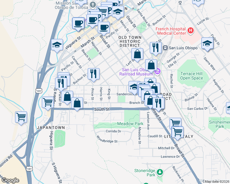 map of restaurants, bars, coffee shops, grocery stores, and more near 483 Sandercock Street in San Luis Obispo