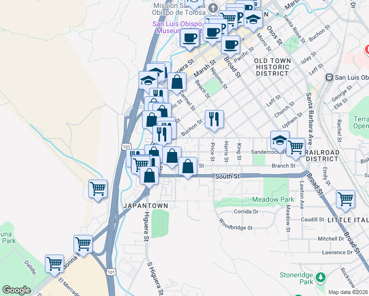 map of restaurants, bars, coffee shops, grocery stores, and more near 215 Sandercock Street in San Luis Obispo