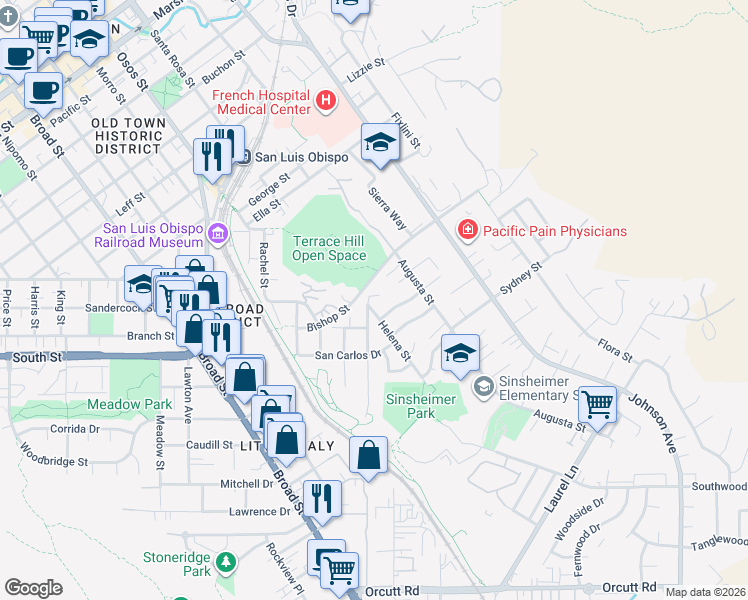 map of restaurants, bars, coffee shops, grocery stores, and more near 1215 Sylvia Court in San Luis Obispo